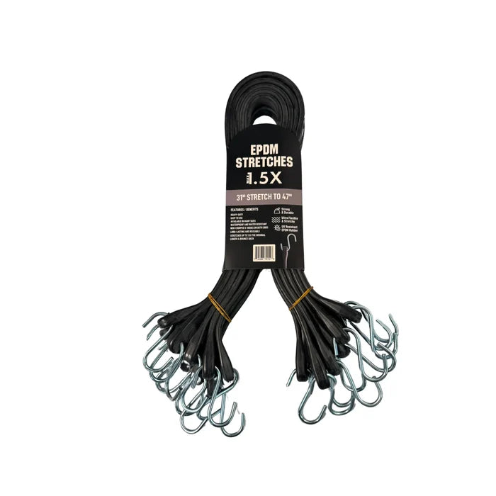 Black 41" rubber tarp strap bundled for cargo retention purposes