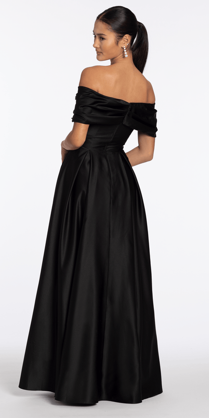 black/size/4/missy/Camille La Vie/Satin Off the Shoulder Ballgown with Rhinestone Bow Detail /back