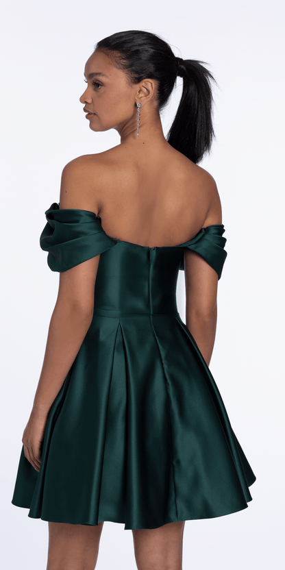 hunter-green-Size/4/missy/Camille La Vie/Satin Off the Shoulder Fit and Flare Dress with Princess Pleats/back alt
