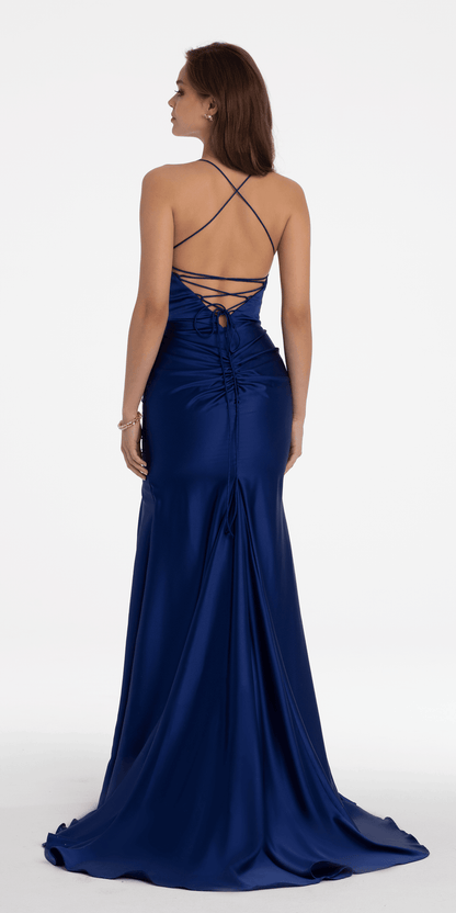 Satin Pleated Lace Up Back Trumpet Dress with Shawl - Camille La Vie