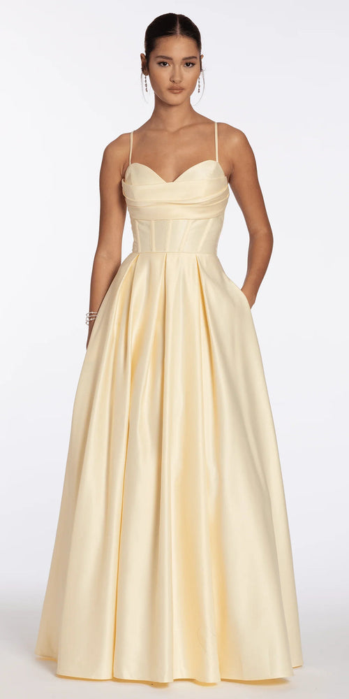 butter/size/4/missy/Camille La Vie/Satin Pleated Sweetheart Lace Up Ballgown with Pockets/front