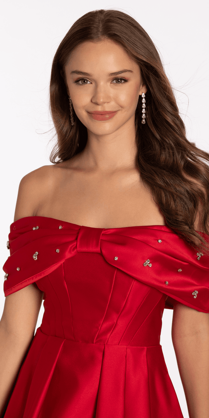 red/size/4/missy/Camille La Vie/Satin Rhinestone Bow Off the Shoulder Skater Dress/close up