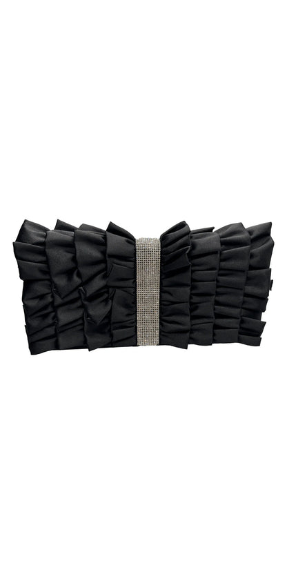 Satin Ruffle Full Flap Handbag with Rhinestone Detail - Camille La Vie