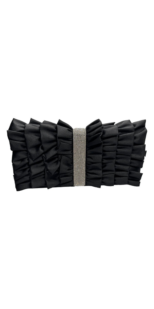 Satin Ruffle Full Flap Handbag with Rhinestone Detail - Camille La Vie