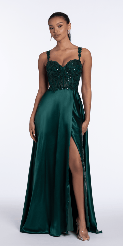 hunter-green/size/4/Camille La Vie/Satin Sequin Sweetheart Corset A Line Dress /front