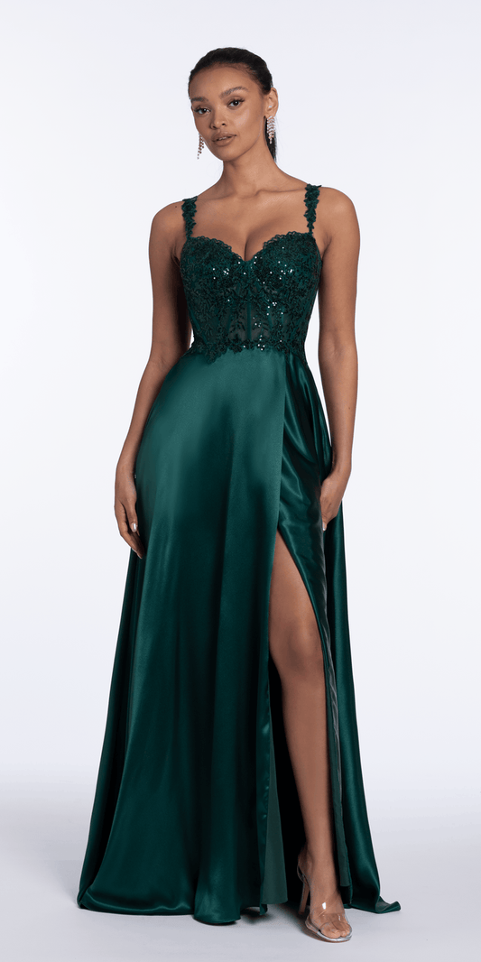 hunter-green/size/4/Camille La Vie/Satin Sequin Sweetheart Corset A Line Dress /front