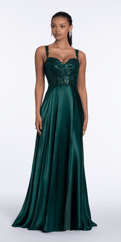 hunter-green/size/4/Camille La Vie/Satin Sequin Sweetheart Corset A Line Dress/front 1