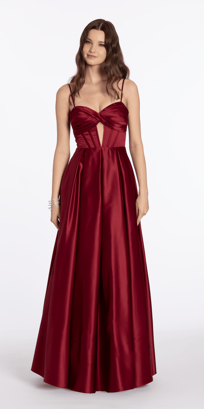 wine/size/4/missy/Camille La Vie/Satin Sweetheart Twist Corset Ballgown with Pockets/front