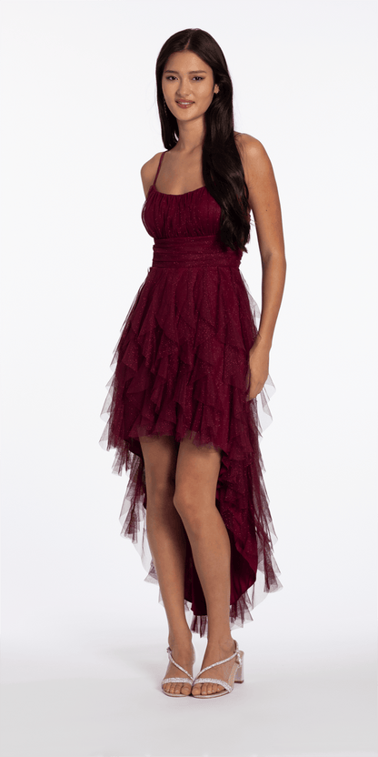 Camille La Vie Scoop Neck Glitter Mesh Lace Up Back High-Low Dress