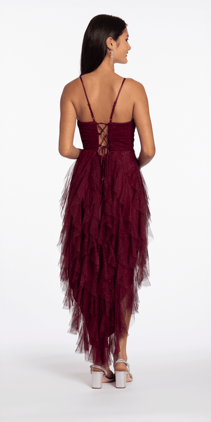 Camille La Vie Scoop Neck Glitter Mesh Lace Up Back High-Low Dress
