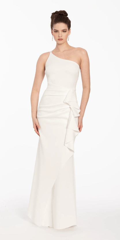 ivory/size/4/missy/Camille La Vie/Scuba One Shoulder Column Dress with Side Ruffle/front