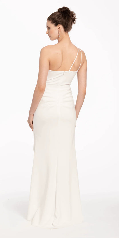 ivory/size/4/missy/Camille La Vie/Scuba One Shoulder Column Dress with Side Ruffle/back
