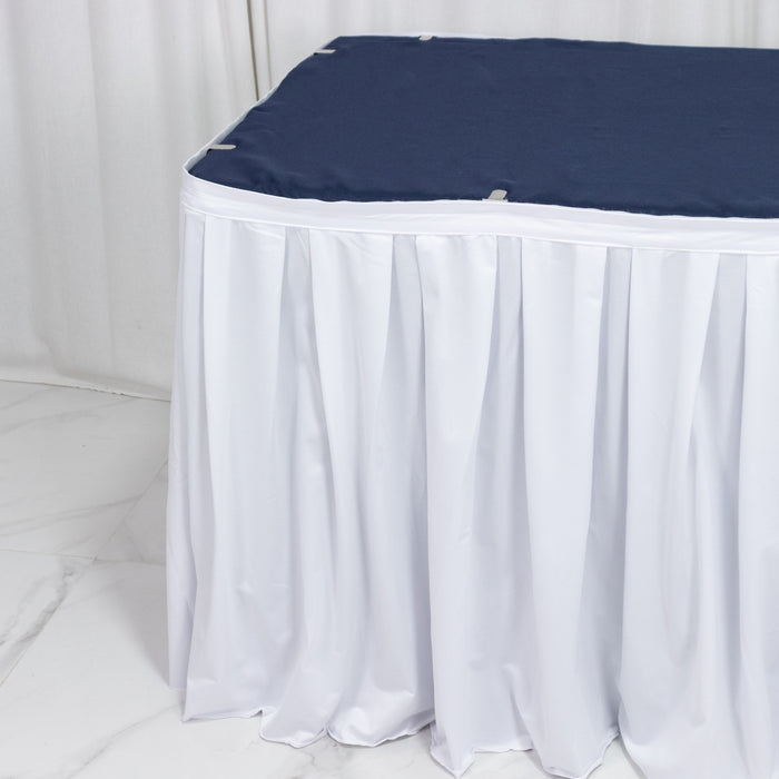 scuba table skirt, shirred pleat table skirt, pleated table skirt, 14ft table skirt, event table skirting, banquet table skirt, polyester table skirt#color_white