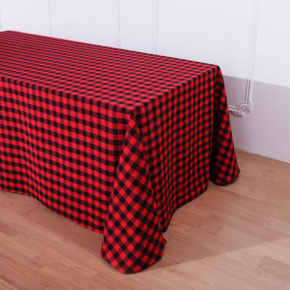 polyester tablecloths, polyester rectangle tablecloths, checkered tablecloth, buffalo plaid tablecloth, buffalo check tablecloth#color_black-red