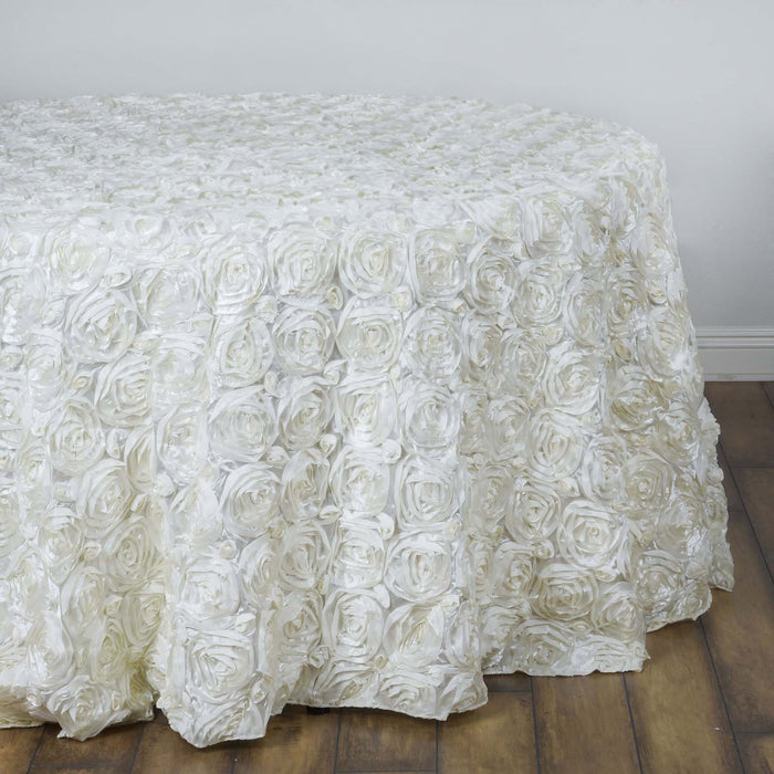 Seamless Grandiose Rosette 3D Satin Round Tablecloth 132" for 6 Foot Table With Floor-Length Drop