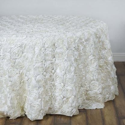 Seamless Grandiose Rosette 3D Satin Round Tablecloth 132" for 6 Foot Table With Floor-Length Drop