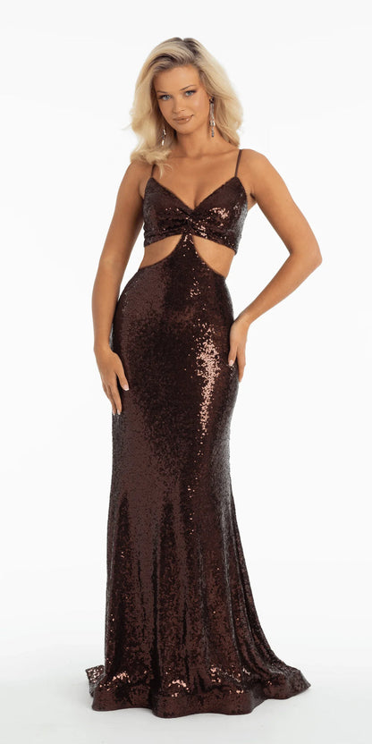 chocolate/size/4/missy/Camille La Vie/Sequin Bikini Top Lace Up Back Trumpet Dress with Sweep Train/front
