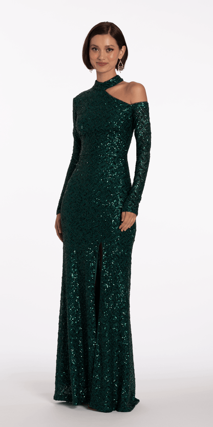 pine/size/4/missy/Camille La Vie/Sequin Long Sleeve One Cold Shoulder Column Dress/front alt