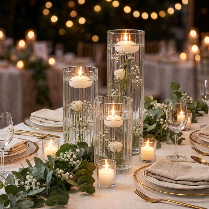 clear glass cylinder vases, ribbed flower vases, fluted glass vases, cylinder vases, glass centerpiece vases, wedding centerpiece vases, event table vases, decorative glass vases#color_clear