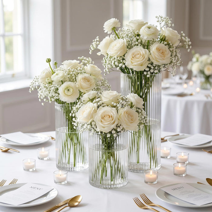 clear glass cylinder vases, ribbed flower vases, fluted glass vases, cylinder vases, glass centerpiece vases, wedding centerpiece vases, event table vases, decorative glass vases#color_clear
