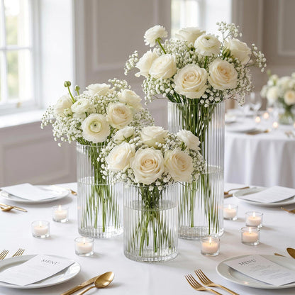 clear glass cylinder vases, ribbed flower vases, fluted glass vases, cylinder vases, glass centerpiece vases, wedding centerpiece vases, event table vases, decorative glass vases#color_clear