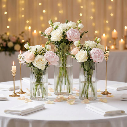 clear glass cylinder vases, ribbed flower vases, fluted glass vases, cylinder vases, glass centerpiece vases, wedding centerpiece vases, event table vases, decorative glass vases#color_clear