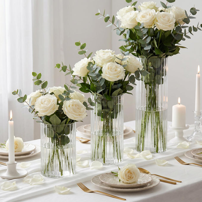 clear glass cylinder vases, ribbed flower vases, fluted glass vases, cylinder vases, glass centerpiece vases, wedding centerpiece vases, event table vases, decorative glass vases#color_clear