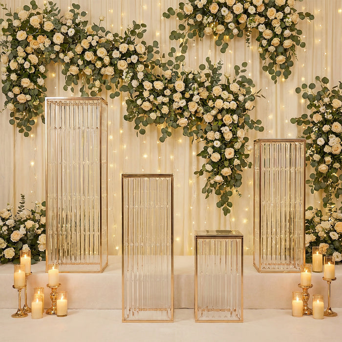pedestal stands, metal pedestal riser, crystal pendant pedestal, riser, pedestal, display stand, rectangular display riser#color_gold