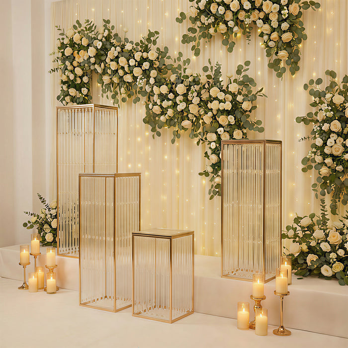 pedestal stands, metal pedestal riser, crystal pendant pedestal, riser, pedestal, display stand, rectangular display riser#color_gold