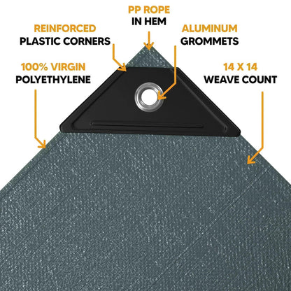 Silver 20' x 40' tarp with edge fastening panel and reinforced rope hem construction