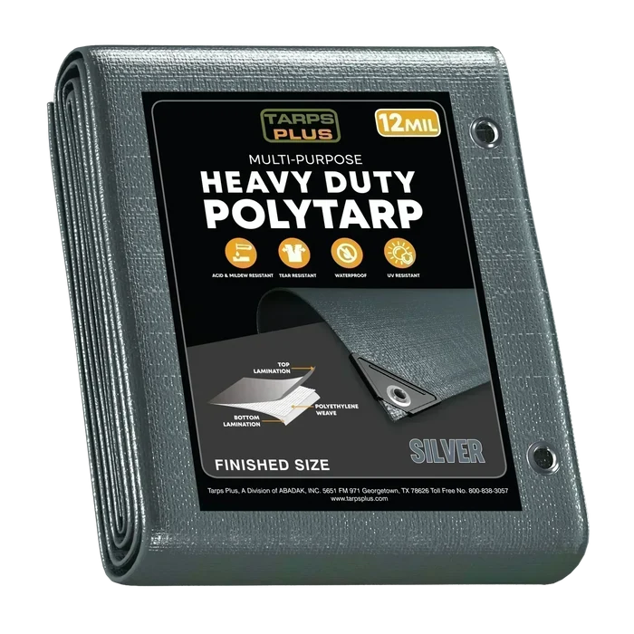 Silver 24' x 40' wide weather tarp designed for outdoor utility and protection coverage