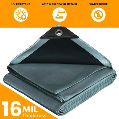 Folded Silver Black 18' x 24' weather shield tarps prepared for temporary protection projects