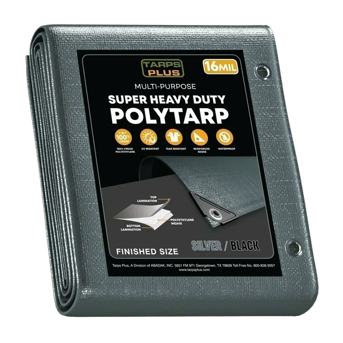 Silver Black 26' x 40' metallic tarp created for outdoor storage and utility coverage needs