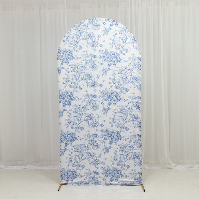 backdrop cover, fitted cover, chiara arch cover, spandex cover, arch cover, french toile backdrop cover#color_blue-white