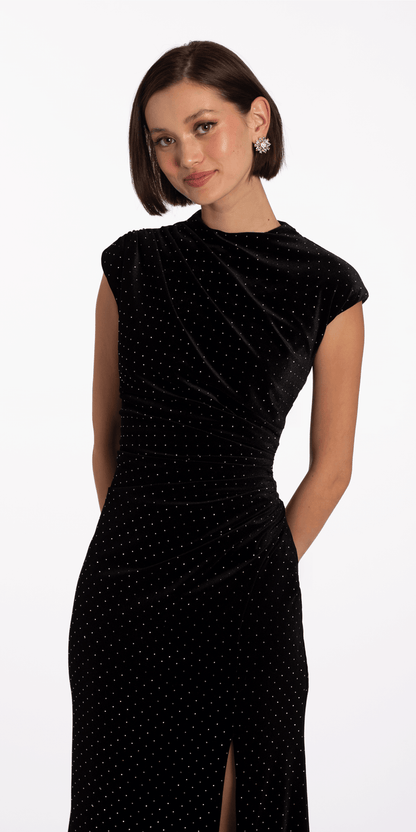black-silver/size/4/missy/Camille La Vie/Stone Encrusted Velvet Mock Neck Cap Sleeve Column Dress Vie/close up