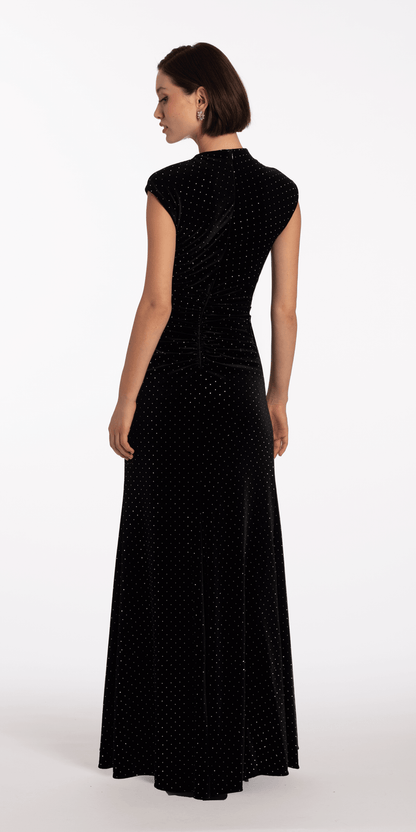 black-silver/size/4/missy/Camille La Vie/Stone Encrusted Velvet Mock Neck Cap Sleeve Column Dress Vie/back