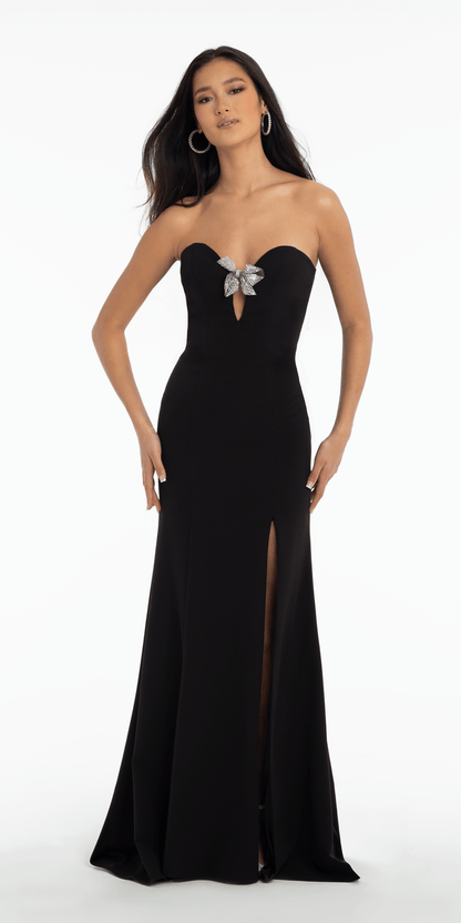 black/size/4/ missy/Camille La Vie/Strapless Crepe Trumpet Dress with Organza Bow Back and Shawl/front