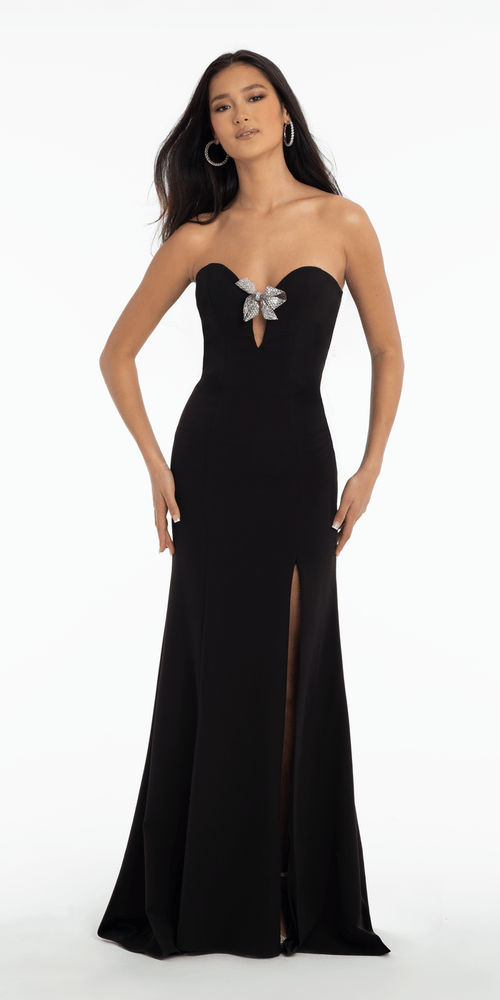 black/size/4/ missy/Camille La Vie/Strapless Crepe Trumpet Dress with Organza Bow Back and Shawl/front