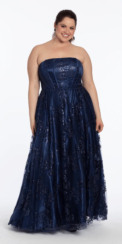 navy/size/14/plus/Camille La Vie/Strapless Glitter Mesh Corset Ballgown/front alt