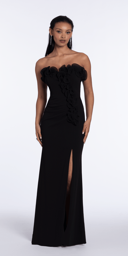 black/size/4/missy/Camille La Vie/Strapless Ruffle Crepe Column Dress with Side Ruffle/front