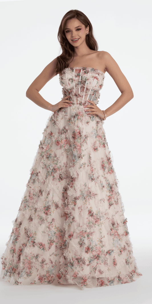 ivory-multi/size/4/missy/Camille La Vie/Strapless Ruffle Floral Print Ballgown/front