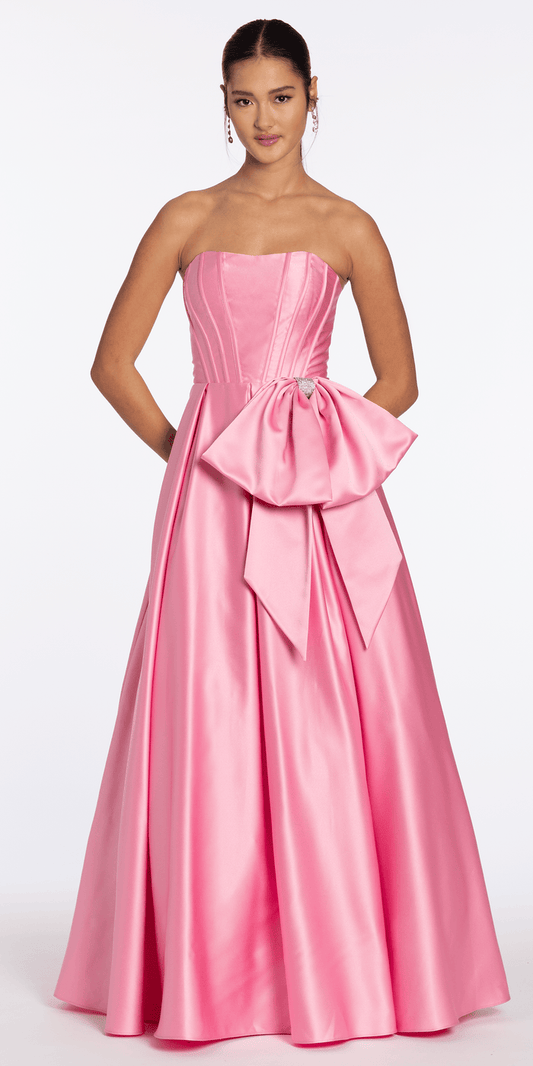 pink/size/4/missy/Camille La Vie/Strapless Satin Corset Ballgown with Side Bow/front