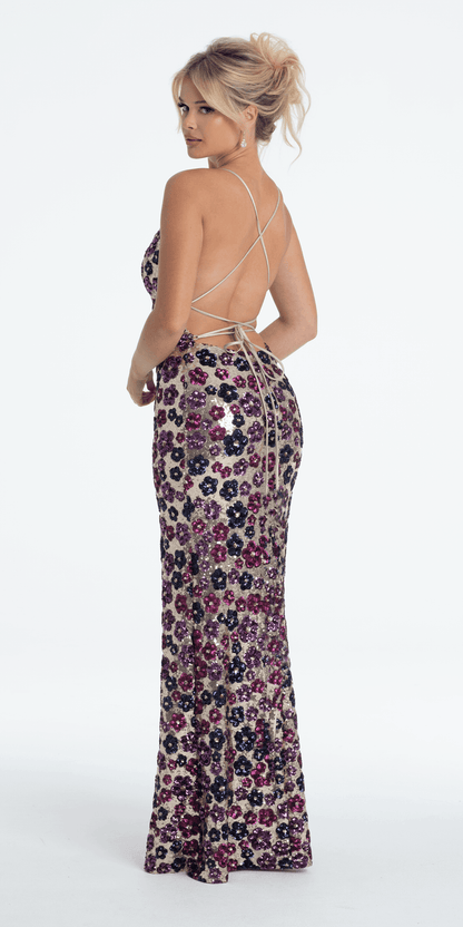 nude/size/4/missy/Camille La Vie/Strappy Back Sequin Daisy Column Dress with Side Slit/back