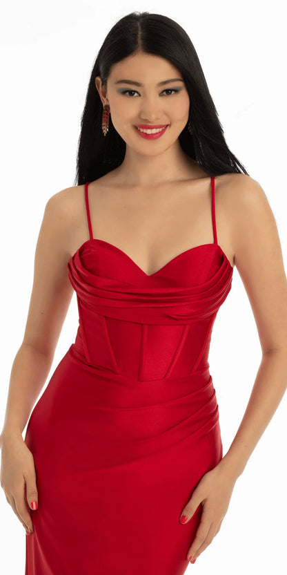 red/size/4/missy/Camille La Vie/Stretch Satin Lace Up Back Dress with Train/close up