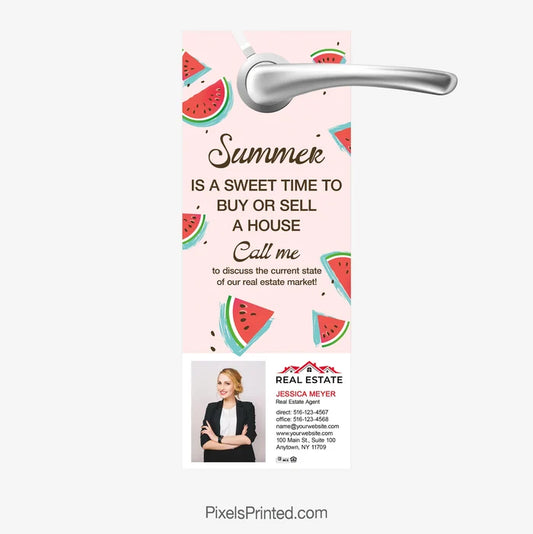 Summer real estate door hanger promoting buying and selling opportunities