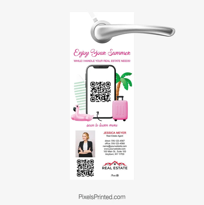 Summer-themed real estate agent introduction door hanger with QR code