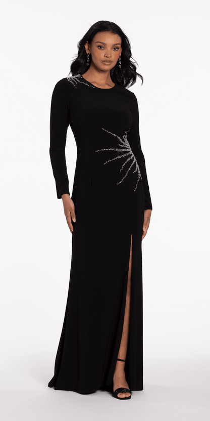 black/size/4/missy/Camille La Vie/Sunburst Beaded Jersey Long Sleeve Jewel Neck Column Dress -Camille La Vie/front