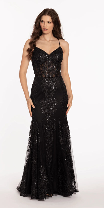 black/size/4/missy/Camille La Vie/Sweetheart Glitter Corset V Back Mermaid Dress/front