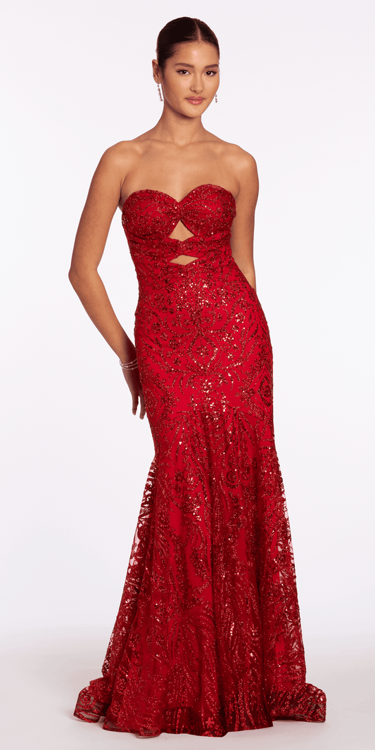 red/size/4/missy/Camille La Vie/Sweetheart Glitter Mesh Mermaid Dress with Peek-a-Boo Bodice/front