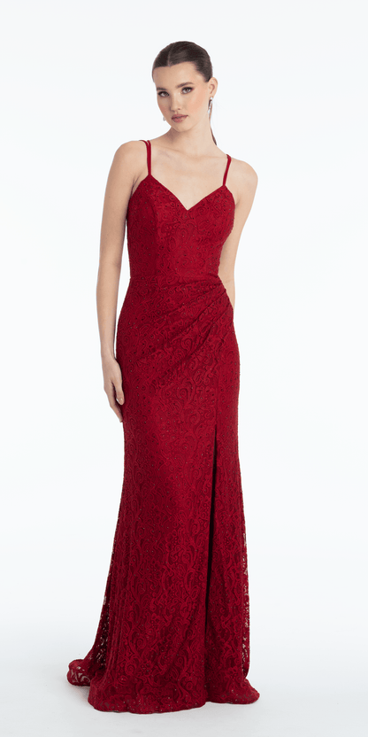 wine/size/4/missy/Camille La Vie/Sweetheart Lace Strappy Back Column Dress with Heat Set Stones /front